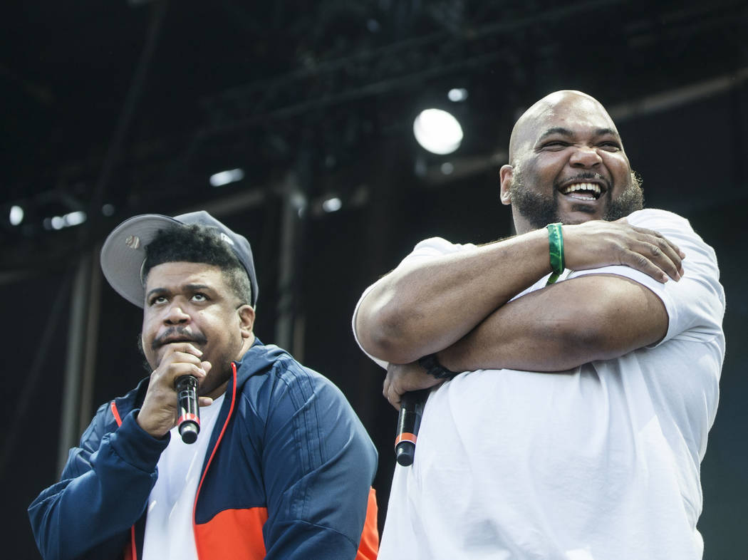 De La Soul's David Jude Jolicoeur, left, and Vincent Mason perform on the Downtown Stage during the final day of the Life is Beautiful music and arts festival on Sunday, September 24, 2017, in Las ...