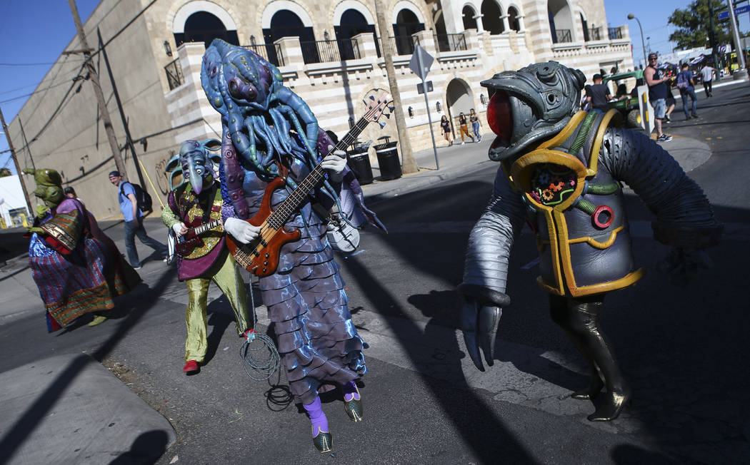 Members of performance art group Big Nazo entertain attendees during the final day of the Life is Beautiful festival in downtown Las Vegas on Sunday, Sept. 24, 2017. Chase Stevens Las Vegas Review ...