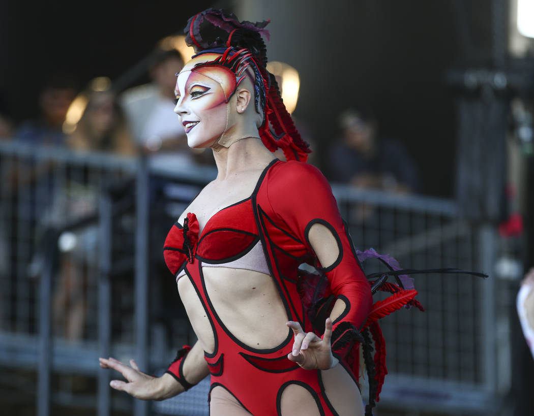 Members of Cirque du Soleil perform at the Downtown stage during the final day of the Life is Beautiful festival in downtown Las Vegas on Sunday, Sept. 24, 2017. Chase Stevens Las Vegas Review-Jou ...