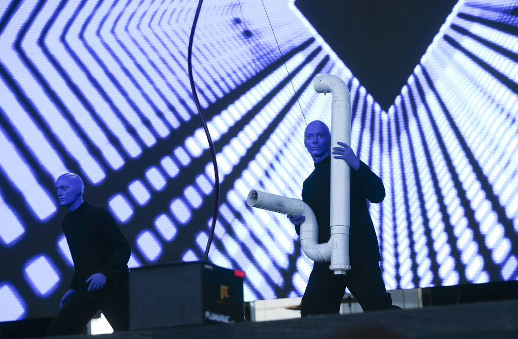 Blue Man Group make a surprise appearance at the Downtown stage during the final day of the Life is Beautiful festival in downtown Las Vegas on Sunday, Sept. 24, 2017. Chase Stevens Las Vegas Revi ...
