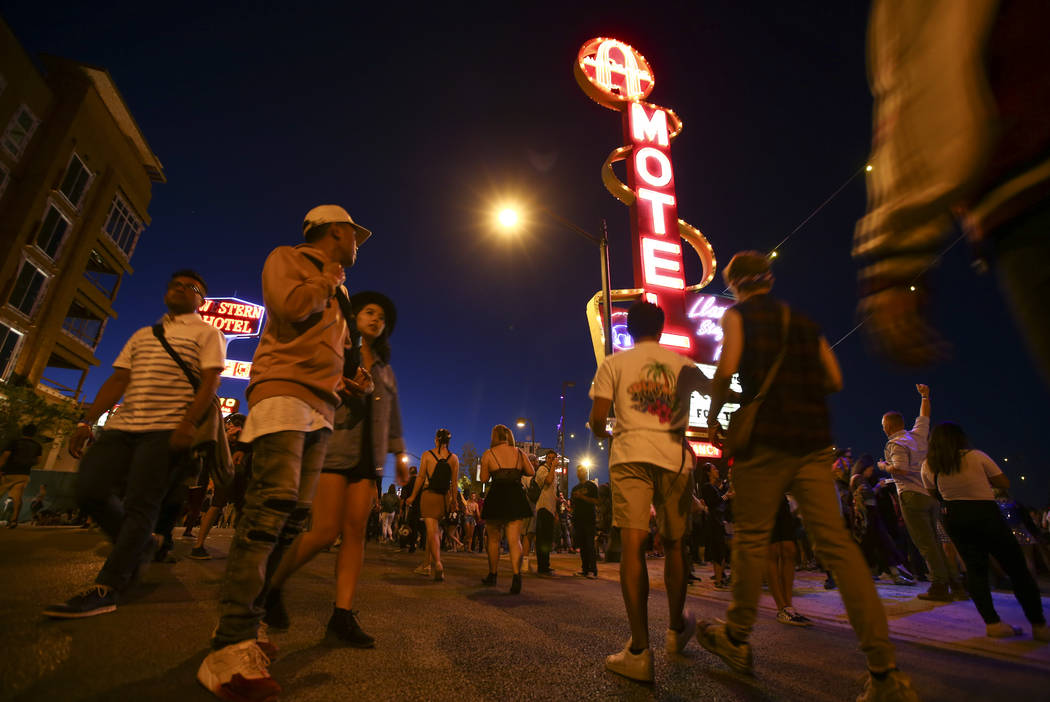 Attendees walk the festival grounds  during the final day of the Life is Beautiful festival in downtown Las Vegas on Sunday, Sept. 24, 2017. Chase Stevens Las Vegas Review-Journal @csstevensphoto