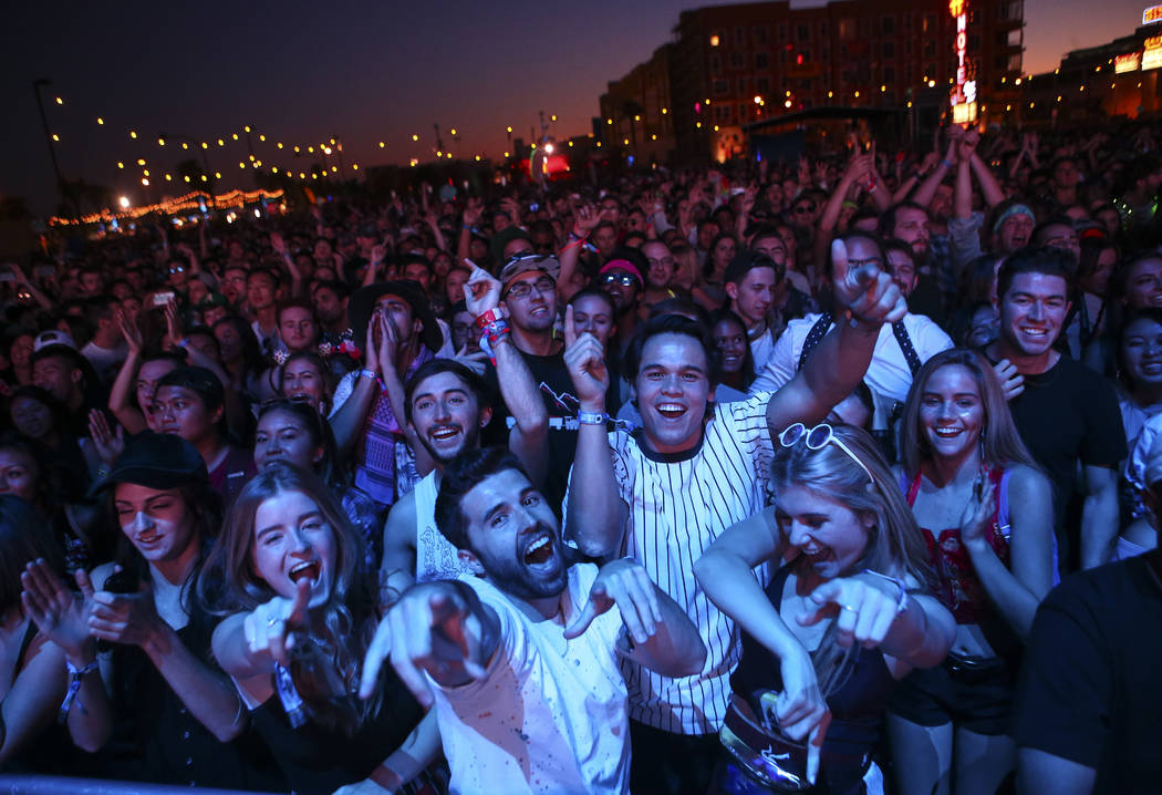 Attendees react as Mura Masa performs at the Ambassador stage during the final day of the Life is Beautiful festival in downtown Las Vegas on Sunday, Sept. 24, 2017. Chase Stevens Las Vegas Review ...