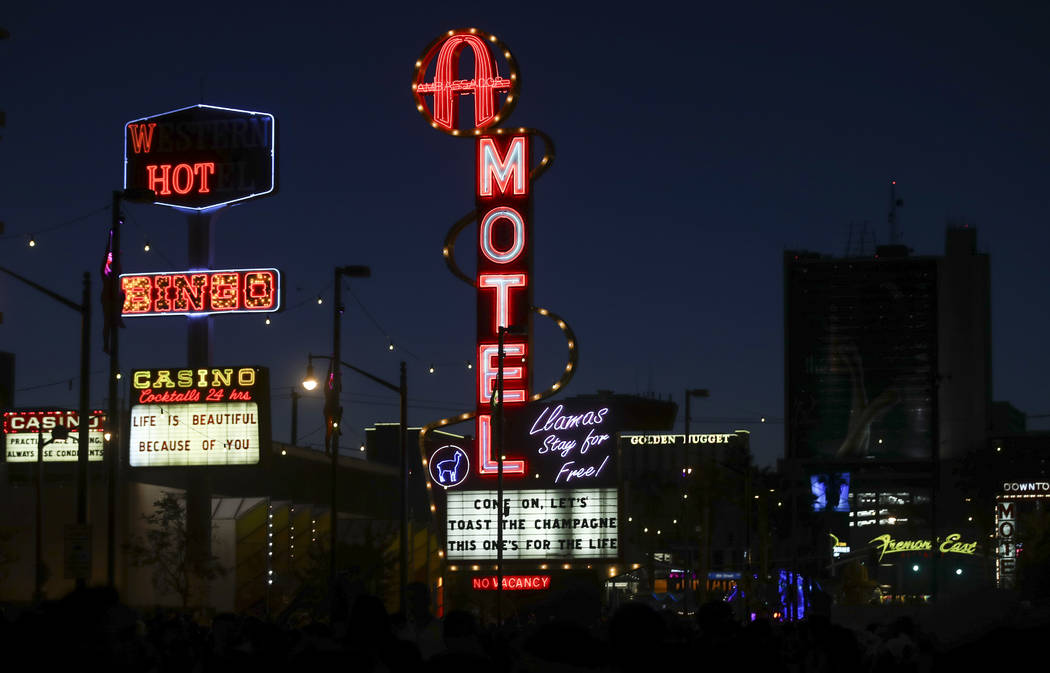Neon signs light up during the final day of the Life is Beautiful festival in downtown Las Vegas on Sunday, Sept. 24, 2017. Chase Stevens Las Vegas Review-Journal @csstevensphoto