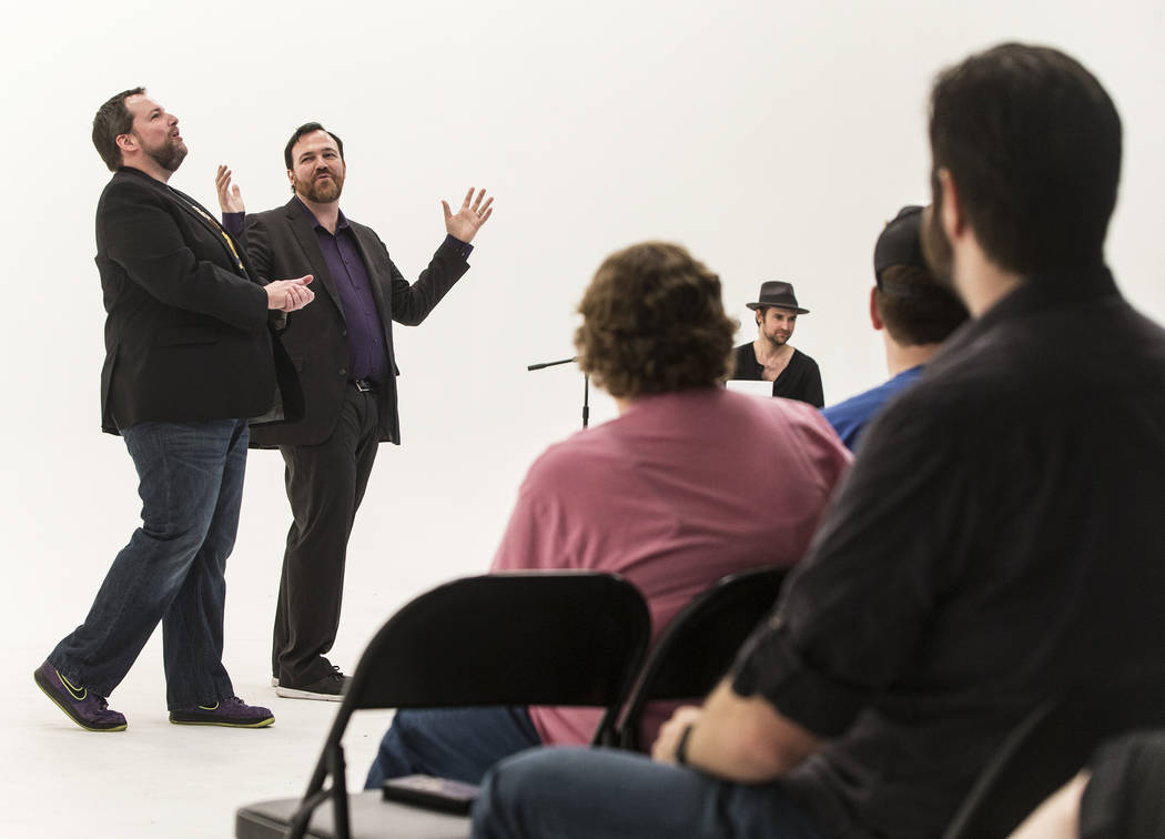 Paul Mattingly, left, and Matt Donnelly entertain the crowd during filming of "The Bucket Show" on Wednesday, September 20, 2017, at OogOog Studio, in Las Vegas. Benjamin Hager L ...