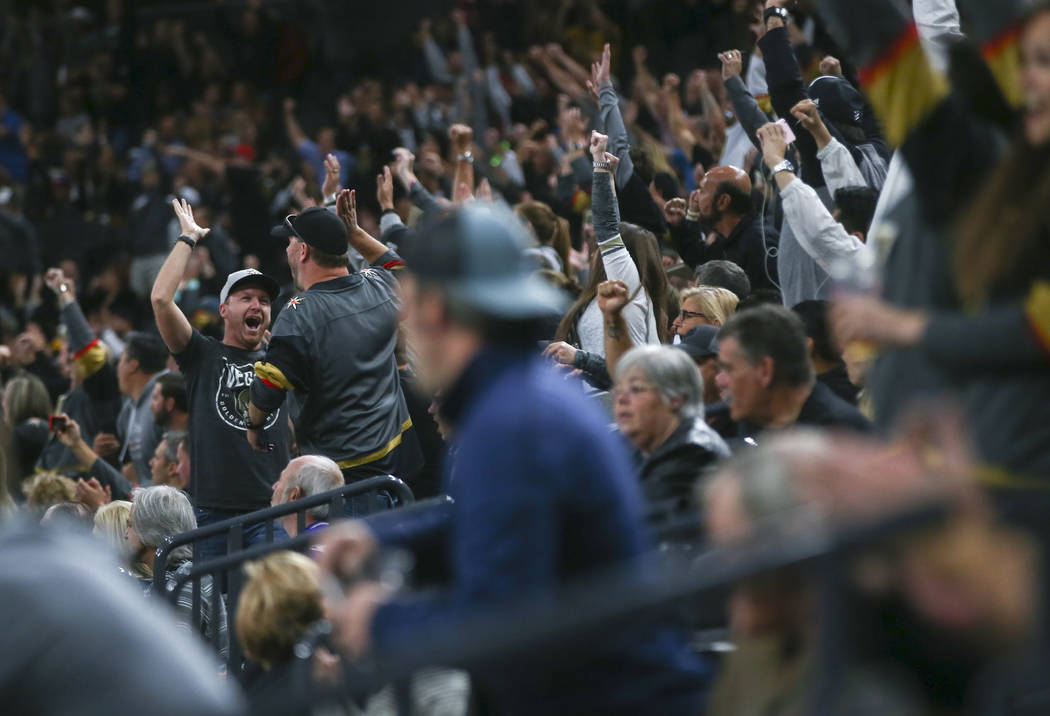 Golden Knights fans cheer after a goal against the Los Angeles Kings during an NHL preseason hockey game at T-Mobile Arena in Las Vegas on Tuesday, Sept. 26, 2017. The Kings won 3-2 in overtime. C ...