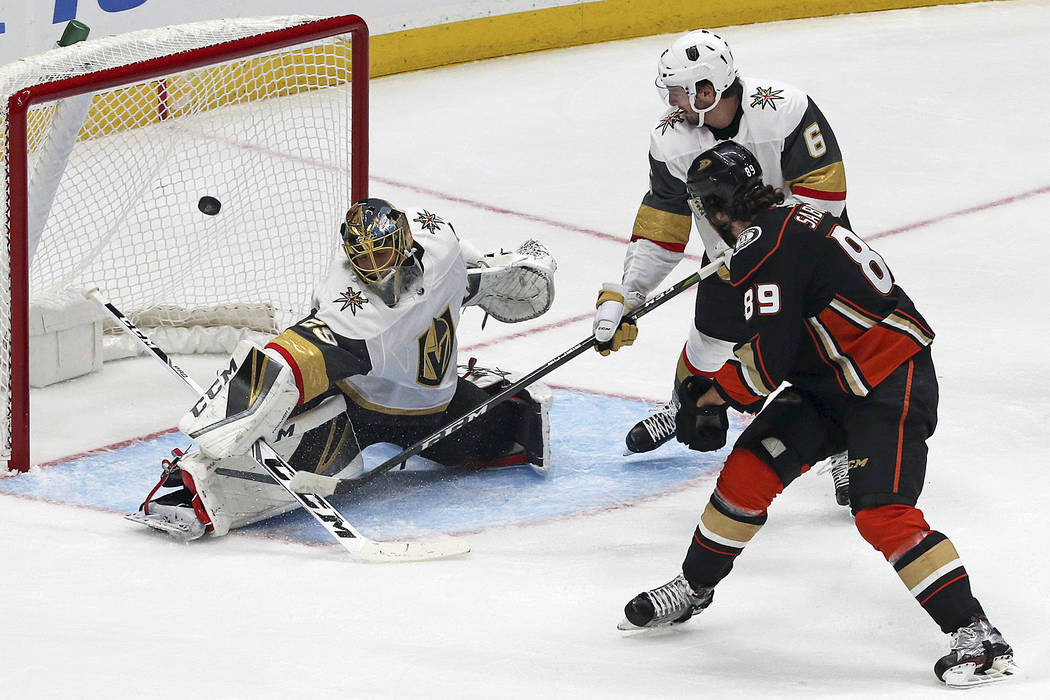 Anaheim Ducks right winger Scott Sabourin (89) scores a goal as Vegas Golden Knights goalie Marc-Andre Fleury (29) and defenseman Colin Miller (6) defend in the second period of an NHL preseason h ...