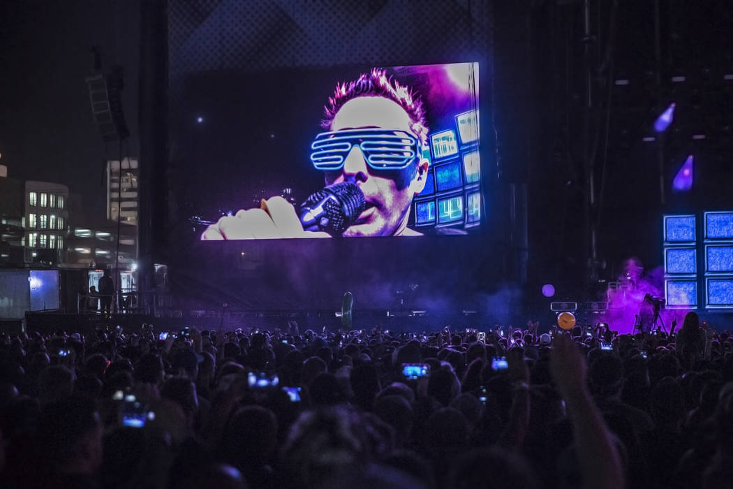 Muse frontman Matt Bellamy performs on the Downtown Stage during the second day of the Life is Beautiful music and arts festival on Saturday, September 23, 2017, in Las Vegas. Benjamin Hager Las V ...