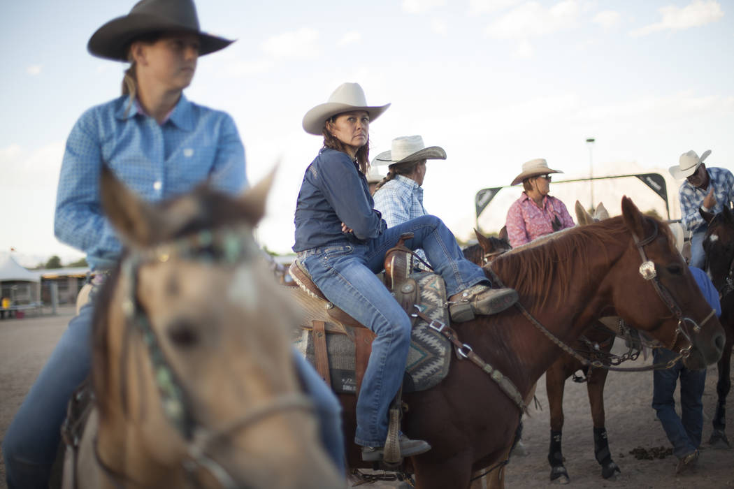 Riders wait for the arena to be ready at the Bighorn Rodeo at Horseman's Park in Las Vegas, Saturday, Sept. 23, 2017. The rodeo is put on by the Nevada Gay Rodeo Association, and is welcome to peo ...