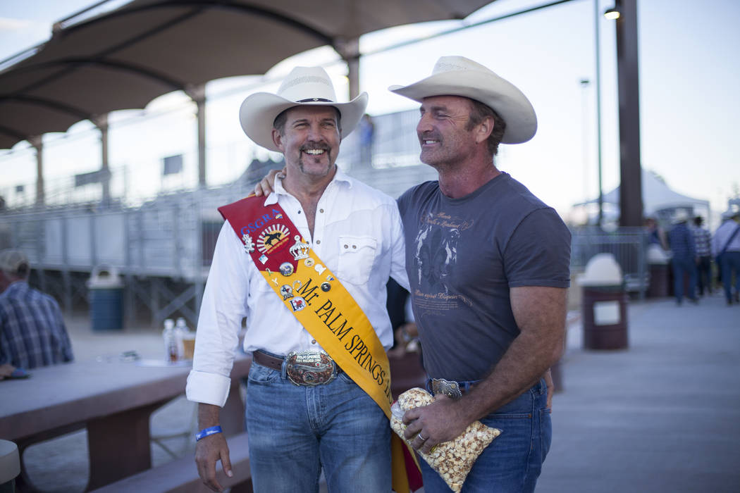 Jim Applegate, left, who is also the Mr. Palm Springs Hot Rodeo, and his partner Jimmy Warner at the Bighorn Rodeo at Horseman's Park in Las Vegas, Saturday, Sept. 23, 2017. The rodeo is put on by ...