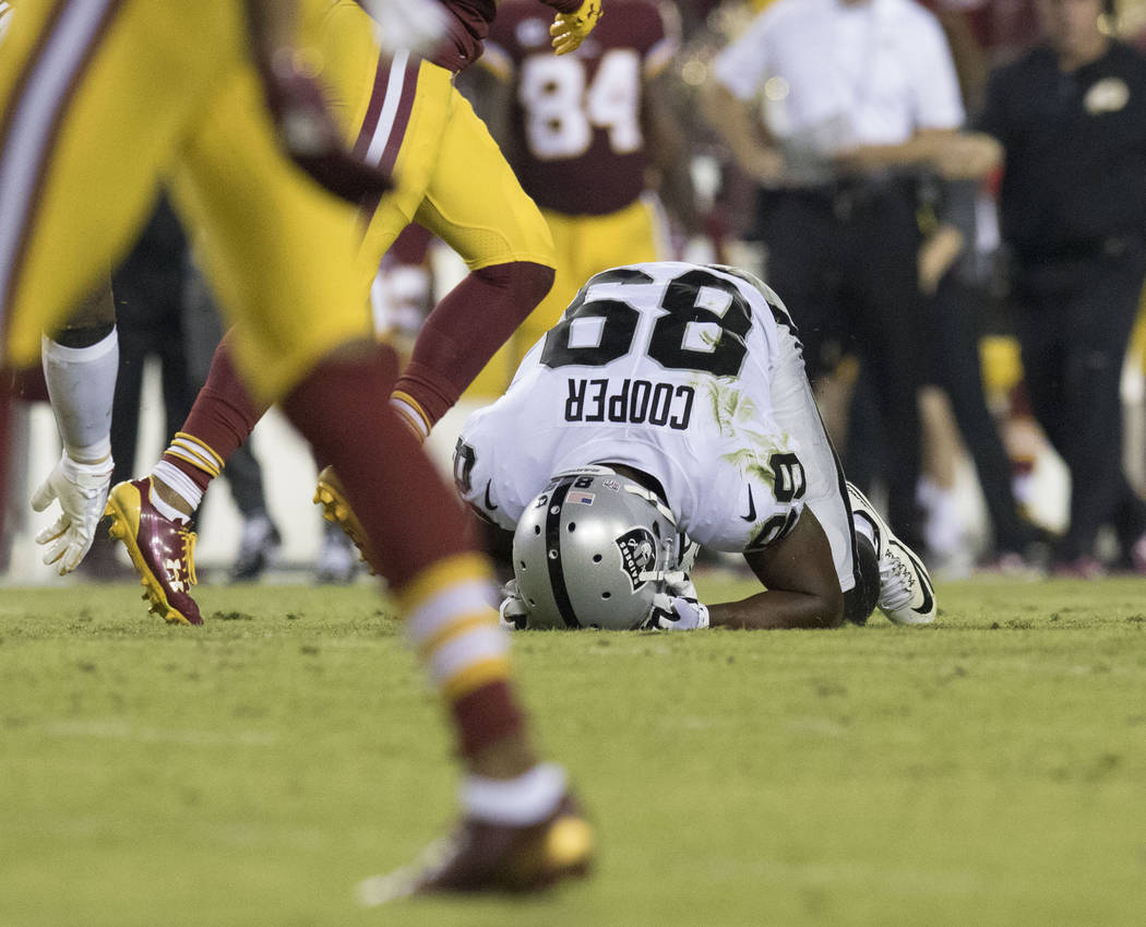 Oakland Raiders wide receiver Amari Cooper (89) after an incomplete pass in the first half of their game against the Washington Redskins in Landover, Md., Sunday, Sept. 24, 2017. Heidi Fang Las Ve ...