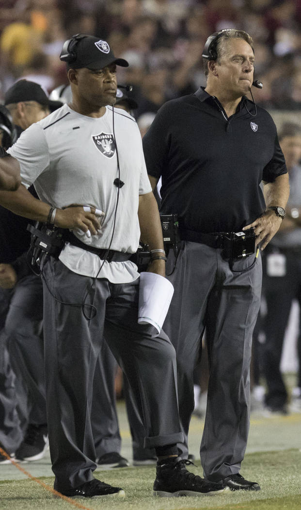 Oakland Raiders head coach Jack Del Rio, right, with defensive coordinator Ken Norton, Jr., in the first half of their game against the Washington Redskins in Landover, Maryland, Sunday, Sept. 24, ...