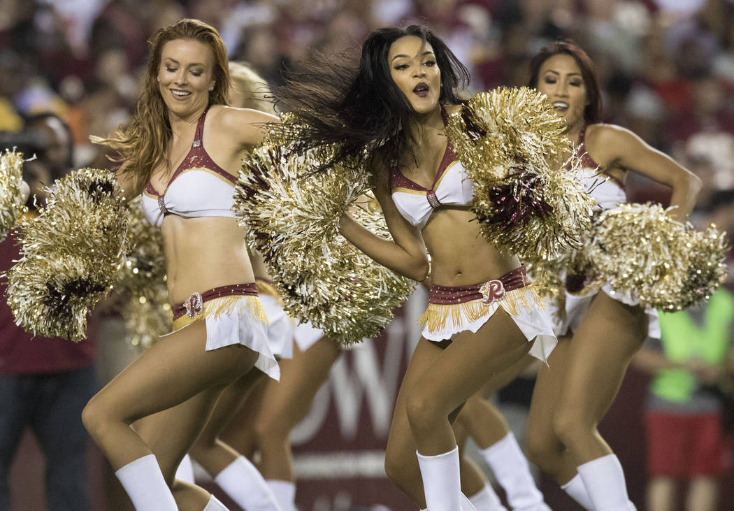 The Washington Redskins cheerleaders dance in the first half of their game against the Oakland Raiders at FedEx Field in Landover, Md., Sunday, Sept. 24, 2017. Heidi Fang Las Vegas Review-Journal  ...