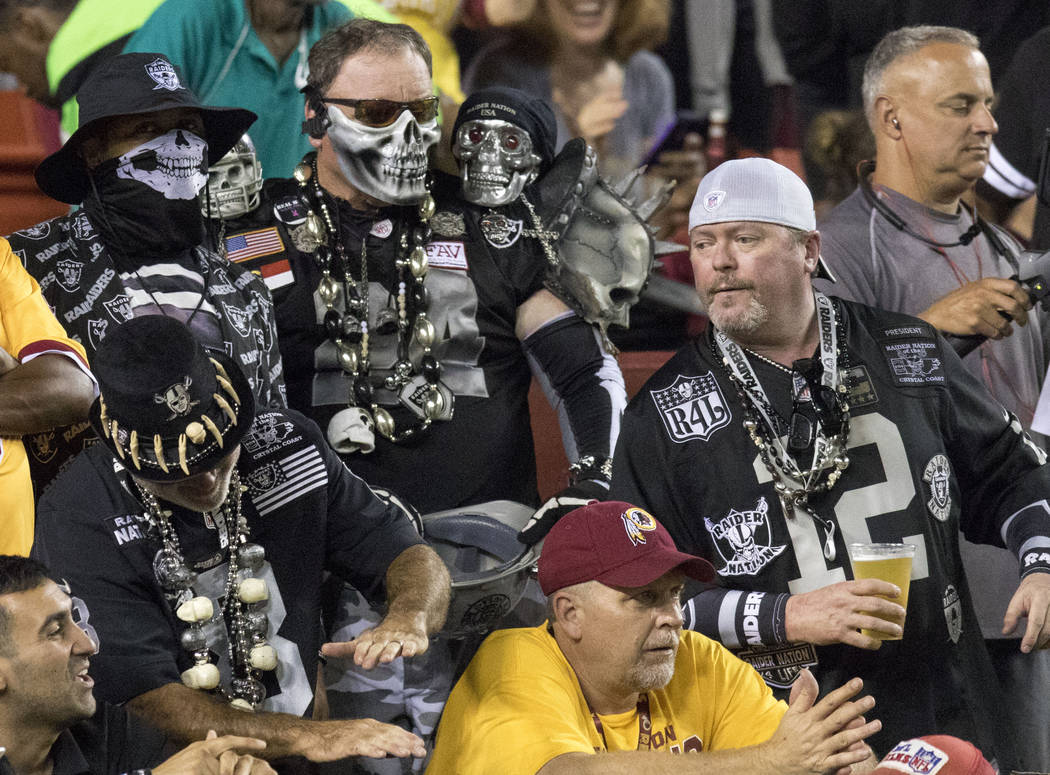 Oakland Raiders fans before the game against the Washington Redskins at the FedEx Field in Landover, Md., Sunday, Sept. 24, 2017. Heidi Fang Las Vegas Review-Journal @HeidiFang