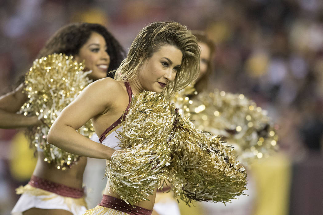 Washington Redskins cheerleaders before the game against the Oakland Raiders at FedEx Field in Landover, Md., Sunday, Sept. 24, 2017. Heidi Fang Las Vegas Review-Journal @HeidiFang