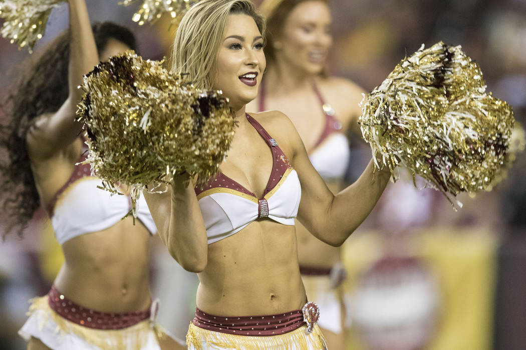 Washington Redskins cheerleaders perform before the game against the Oakland Raiders at FedEx Field in Landover, Md., Sunday, Sept. 24, 2017. Heidi Fang Las Vegas Review-Journal @HeidiFang