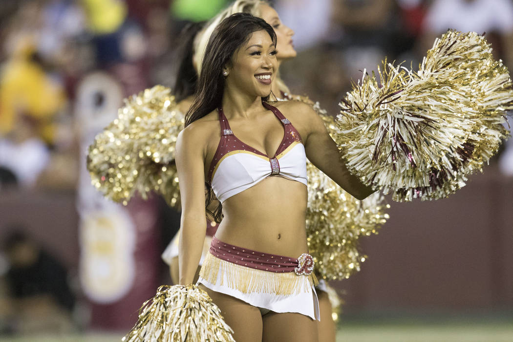 Washington Redskins cheerleaders perform before the game against the Oakland Raiders at FedEx Field in Landover, Md., Sunday, Sept. 24, 2017. Heidi Fang Las Vegas Review-Journal @HeidiFang