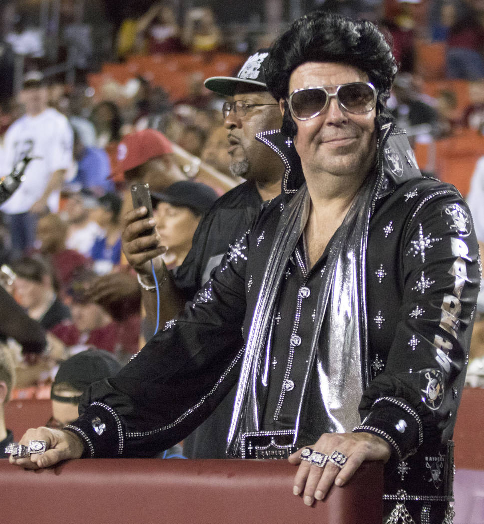 An Oakland Raiders fan dressed like Elvis Presley at FedEx Field in Landover, Maryland, Sunday, Sept. 24, 2017. Heidi Fang Las Vegas Review-Journal @HeidiFang