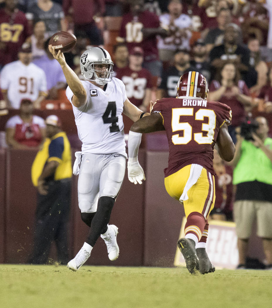 Oakland Raiders quarterback Derek Carr (4) throws the football as Washington Redskins inside linebacker Zach Brown (53) rushes towards him in the second half of their game in Landover, Md., Sunday ...