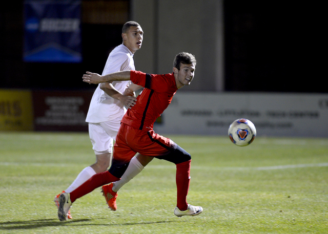 Danny Musovski, right, shown last season, had four goals and an assist Sunday in UNLV's 5-1 home victory over Oral Roberts. (Abraham Gebreegziabher)