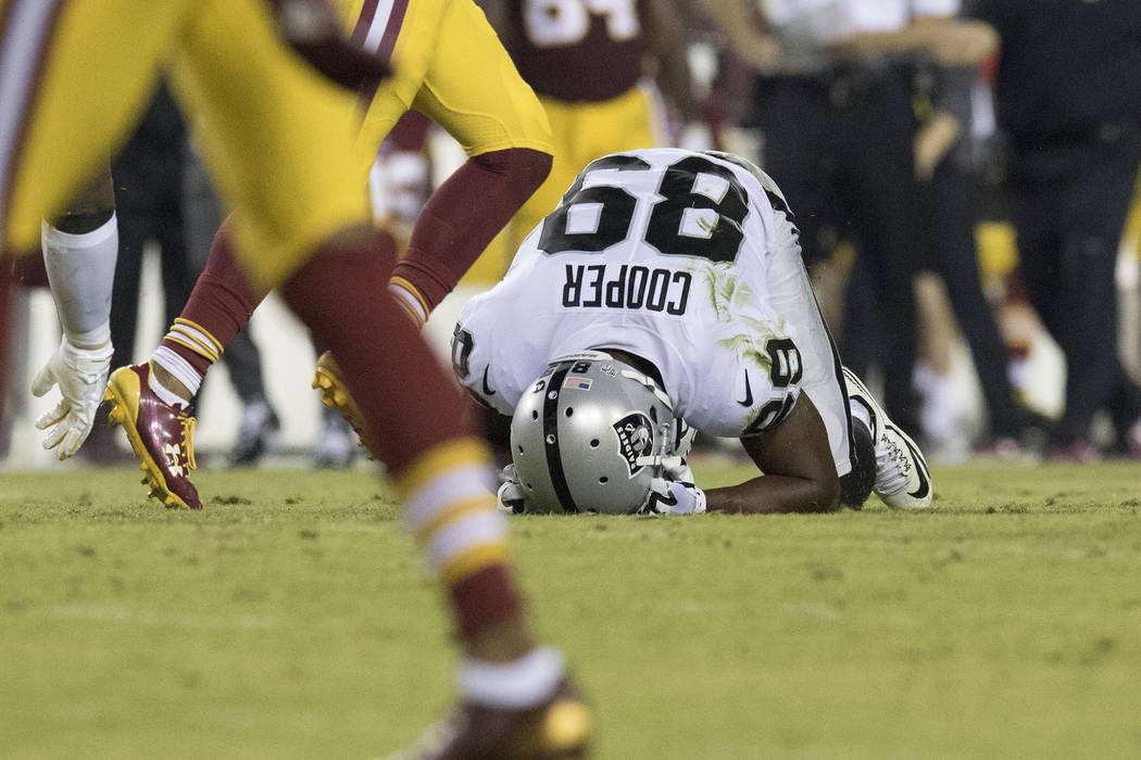 Oakland Raiders wide receiver Amari Cooper (89) after an incomplete pass in the first half of their game against the Washington Redskins in Landover, Md., Sunday, Sept. 24, 2017. Heidi Fang Las Ve ...
