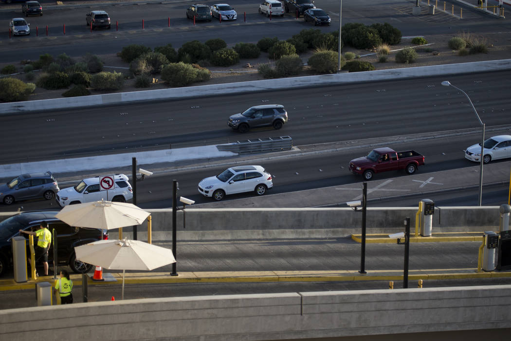 Traffic outside of the New York-New York parking garage near T-Mobile Arena before the first preseason home game for the Vegas Golden Knights in Las Vegas, Tuesday, Sept. 26, 2017. Erik Verduzco L ...