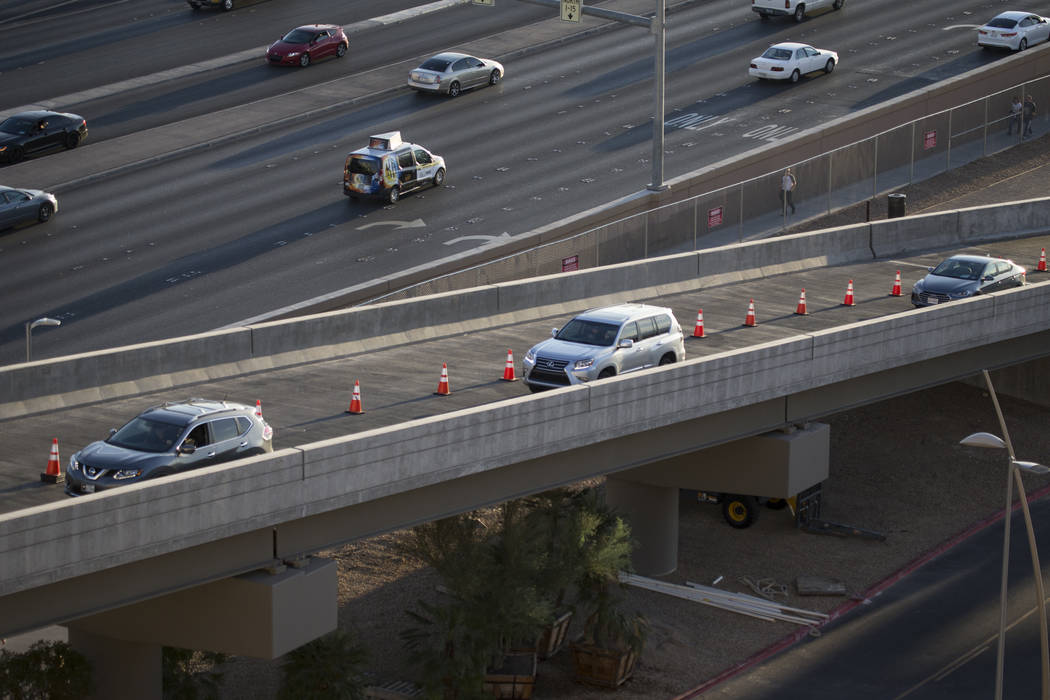 Traffic outside of the New York-New York parking garage near T-Mobile Arena before the first preseason home game for the Vegas Golden Knights in Las Vegas, Tuesday, Sept. 26, 2017. Erik Verduzco L ...