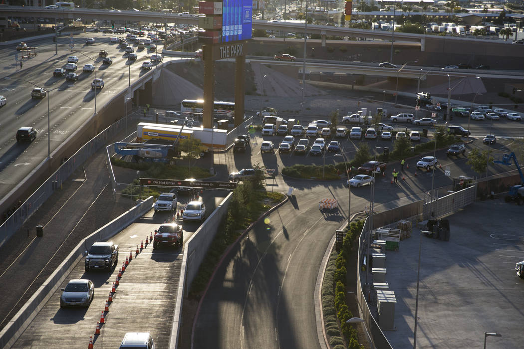 Traffic outside of the New York-New York parking garage near T-Mobile Arena before the first preseason home game for the Vegas Golden Knights in Las Vegas, Tuesday, Sept. 26, 2017. Erik Verduzco L ...