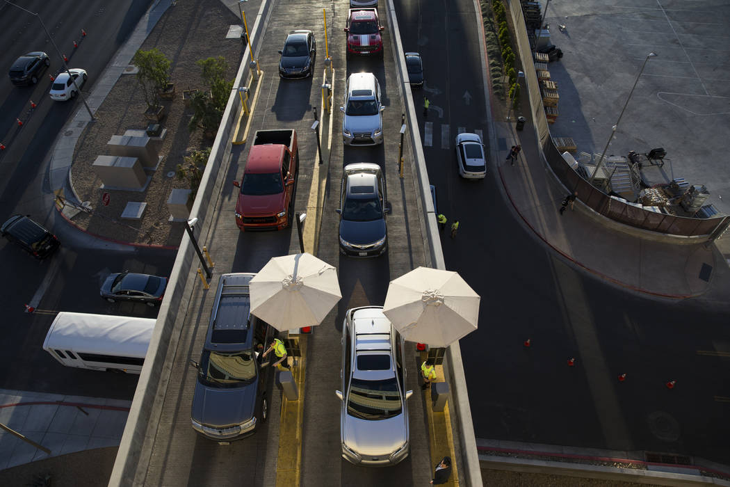 Traffic outside of the New York-New York parking garage near T-Mobile Arena before the first preseason home game for the Vegas Golden Knights in Las Vegas, Tuesday, Sept. 26, 2017. Erik Verduzco L ...