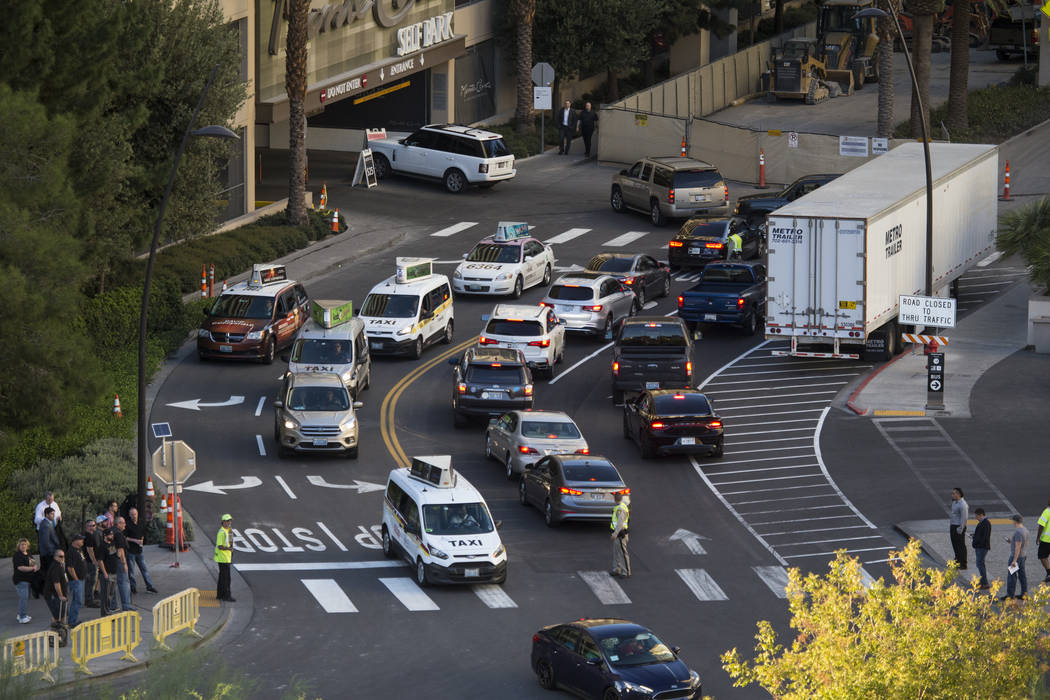 Traffic outside of the Monte Carlo parking garage near T-Mobile Arena before the first preseason home game for the Vegas Golden Knights in Las Vegas, Tuesday, Sept. 26, 2017. Erik Verduzco Las Veg ...