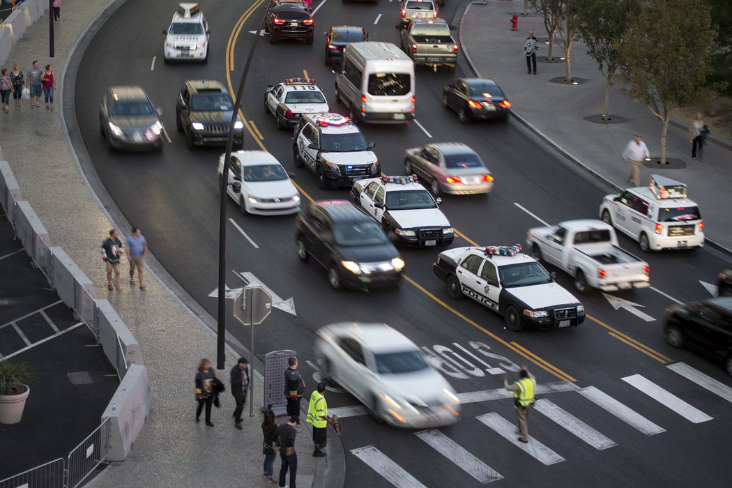 Traffic outside of the Monte Carlo parking garage near T-Mobile Arena before the first preseason home game for the Vegas Golden Knights in Las Vegas, Tuesday, Sept. 26, 2017. Erik Verduzco Las Veg ...