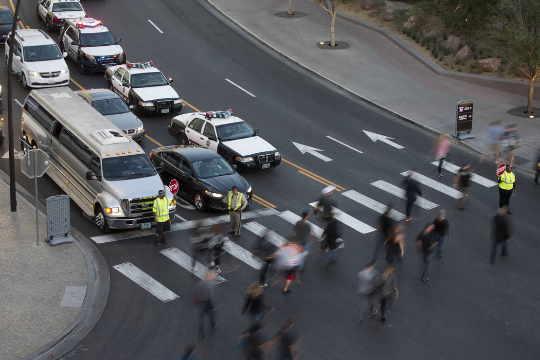 Traffic outside of the Monte Carlo parking garage near T-Mobile Arena before the first preseason home game for the Vegas Golden Knights in Las Vegas, Tuesday, Sept. 26, 2017. Erik Verduzco Las Veg ...