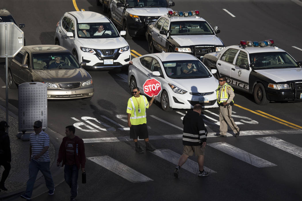 Traffic outside of the Monte Carlo parking garage near T-Mobile Arena before the first preseason home game for the Vegas Golden Knights in Las Vegas, Tuesday, Sept. 26, 2017. Erik Verduzco Las Veg ...