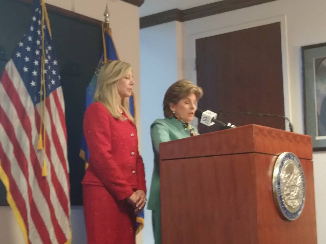 Attorney Gloria Allred, right, and Nevada Assemblywoman Lisa Krasner, R-Reno, talk Tuesday in the Legislative Building in Carson City about a proposed law that would require the Nevada Parole Boar ...