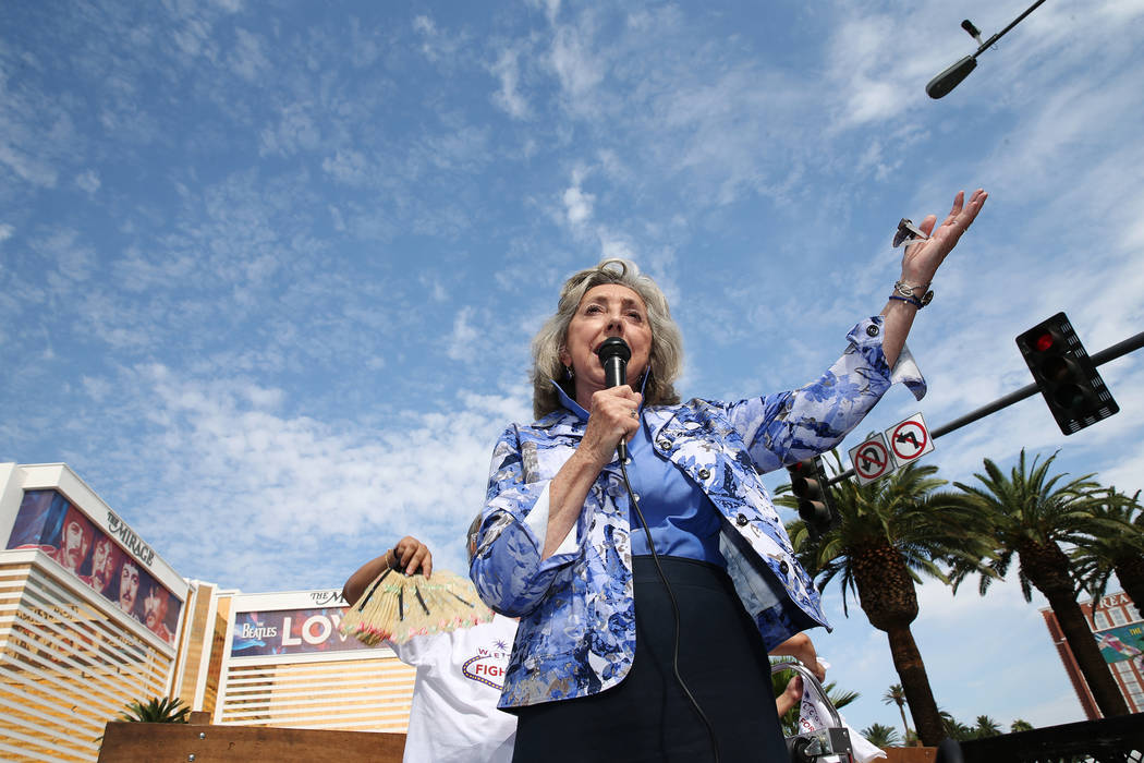 U.S. Rep. Dina Titus, D-Nev., rallies the crowd during a Fight for $15 rally and march outside of the McDonald’s near Harrah’s on the Las Vegas Strip, Monday, Sept. 4, 2017. (Erik Verduzco/Las ...