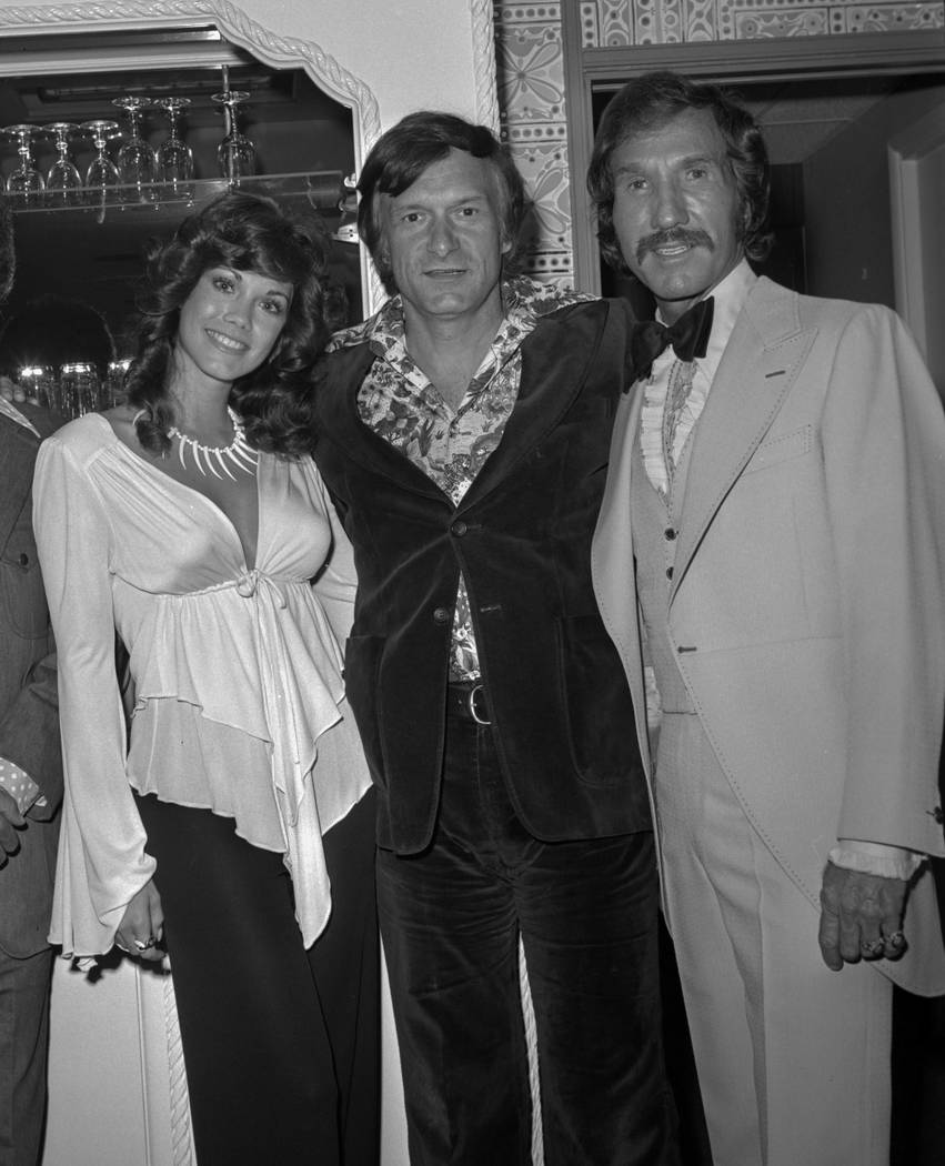 Barbi Benton, Hugh Hefner and Marty Robbins are seen May 15, 1975, in Las Vegas on the opening night of Robbins&#39; run at the Sahara. CREDIT: Las Vegas News Bureau | Las