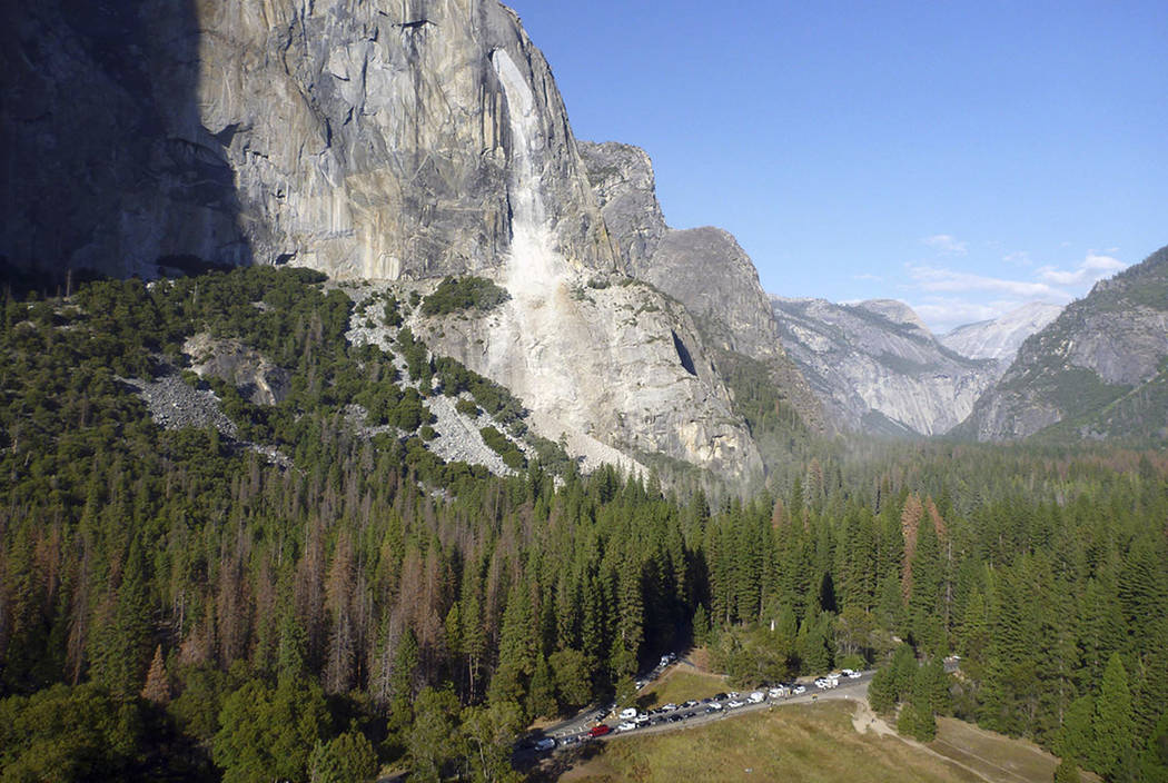 This Thursday, Sept. 28, 2017 photo provided by The National Park Service shows a rock fall off the iconic El Capitan rock formation in Yosemite National Park, Calif. (The National Park Service vi ...