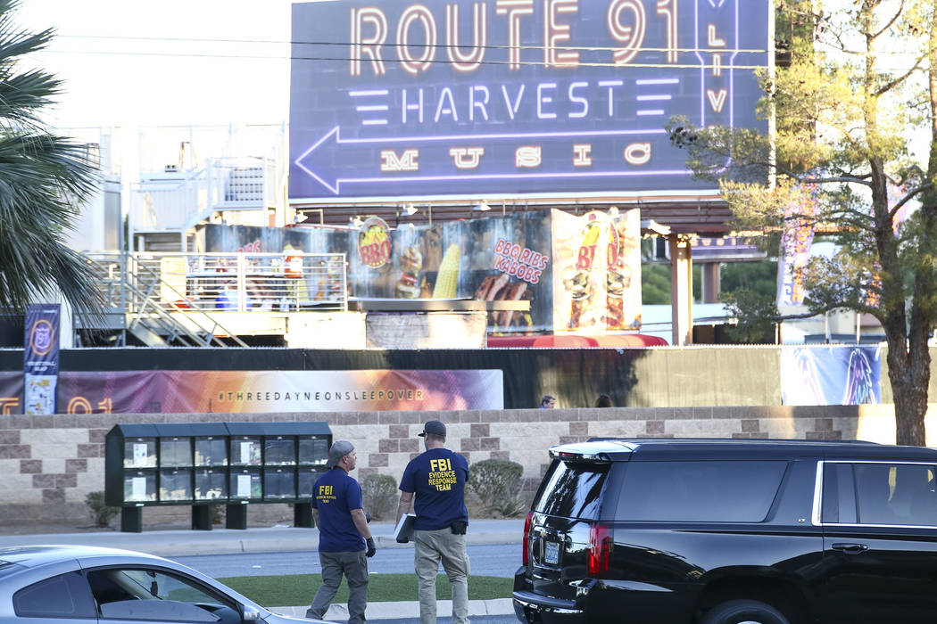 The FBI continues to investigate the scene along Las Vegas Boulevard on Monday, Oct. 2, 2017, following the mass shooting at Route 91 Harvest country music festival in Las Vegas. Richard Brian Las ...
