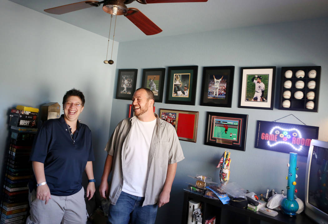 Sarah, left, and Mike DePalo in the game room of their recently purchased home in Las Vegas, Monday, Sept. 25, 2017. (Elizabeth Brumley/Las Vegas Review-Journal)
