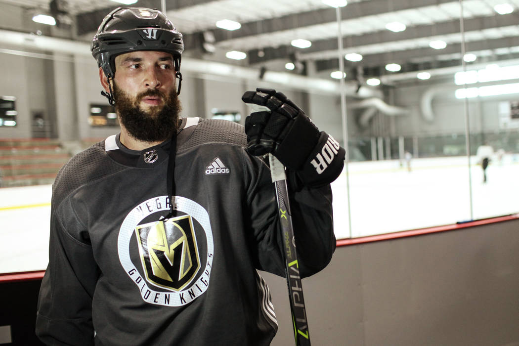 Golden Knights defense Deryk Engelland (5) is interviewed after a practice at City National Arena in Las Vegas, Monday, Sept. 4, 2017. Joel Angel Juarez Las Vegas Review-Journal @jajuarezphoto
