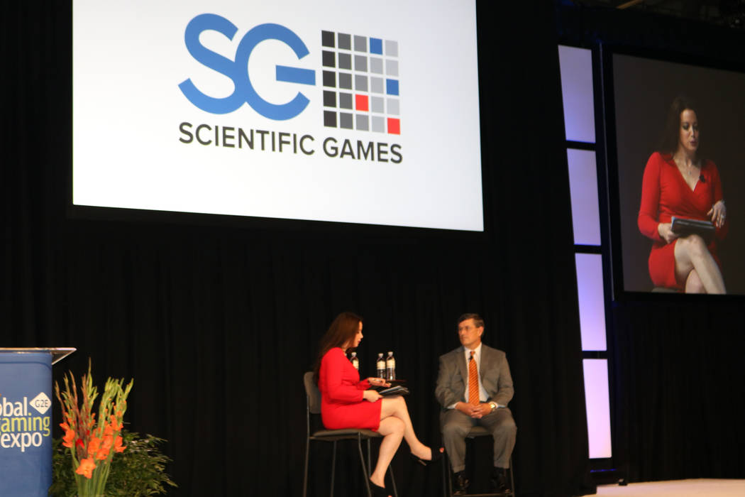 Business-television personality Carol Roth (left) interviews Dave & Buster's CEO Stephen King Wednesday, Oct. 4, 2017, at G2E at the Sands Expo and Convention Center in Las Vegas. (Nicole Raz/ ...