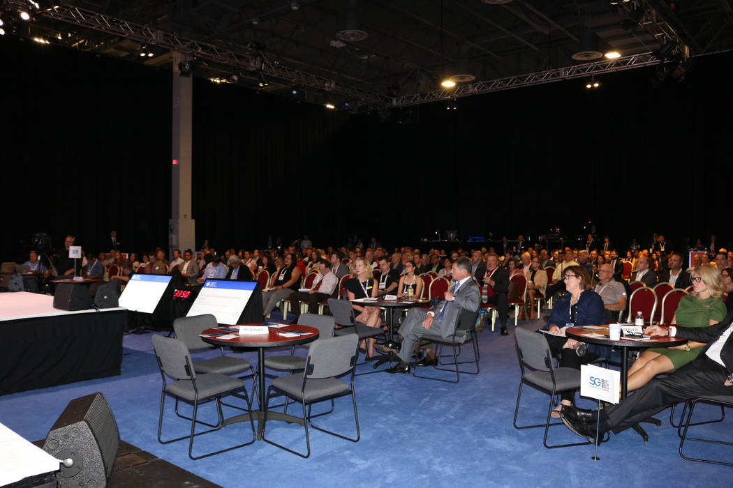 Several hundred gaming industry insiders attend Dave & Buster's CEO Stephen King's keynote Wednesday, Oct. 4, 2017, at G2E at the Sands Expo and Convention Center in Las Vegas. (Nicole Raz/Las ...
