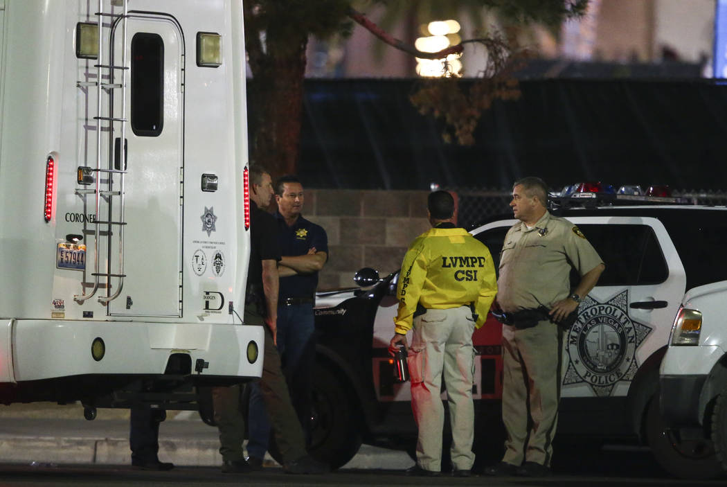 Las Vegas police investigate following an active shooter situation that left 50 dead and over 200 injured on the Las Vegas Strip during the early hours of Monday, Oct. 2, 2017. Chase Stevens Las V ...