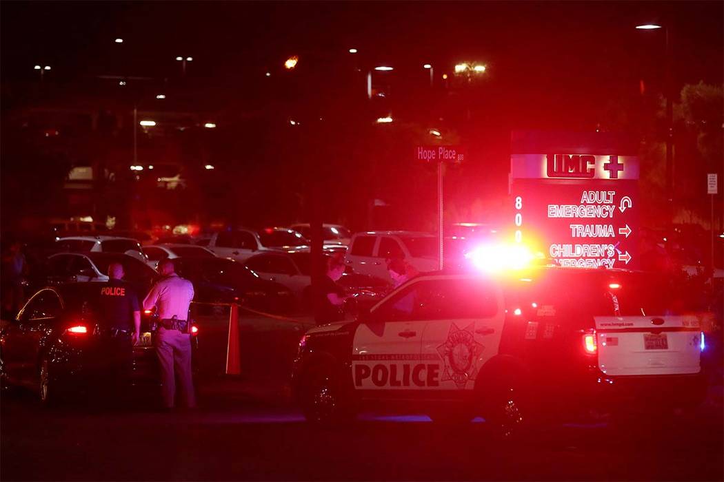 Officers are present outside University Medical Center's Trauma Center on Charleston Boulevard in Las Vegas, Sunday, Oct. 1, 2017. (Bridget BennettLas Vegas Review-Journal) @Bridgetkbennett