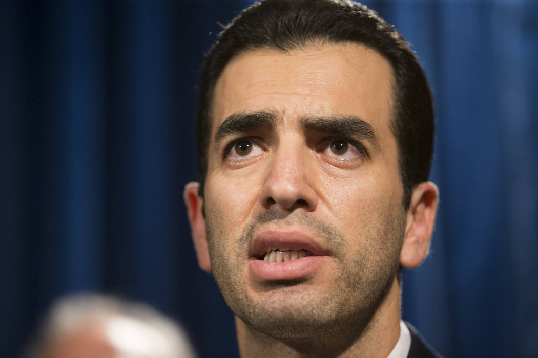 U.S. Rep. Ruben Kihuen, D-Nev., discusses the mass shooting during a press conference at the Las Vegas Metropolitan Police Department headquarters in Las Vegas, Monday, Oct. 2, 2017. Erik Verduzco ...