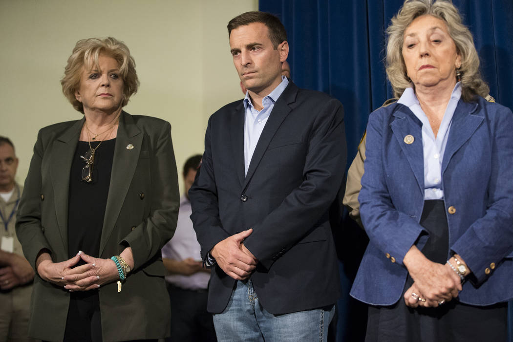 Las Vegas Mayor Carolyn Goodman, from left, Nevada Attorney General Adam Laxalt, and U.S. Rep. Dina Titus, D-Nev., during a press conference on the mass shooting, at the Las Vegas Metropolitan Pol ...
