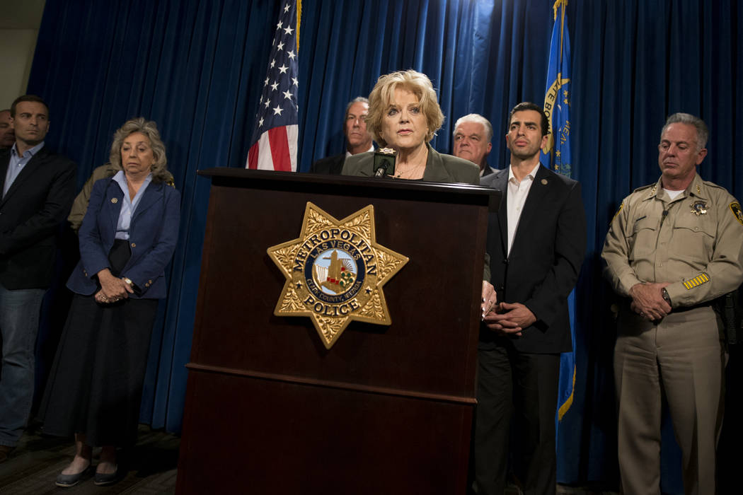 Las Vegas Mayor Carolyn Goodman discusses the mass shooting during a press conference at the Las Vegas Metropolitan Police Department headquarters in Las Vegas, Monday, Oct. 2, 2017. Erik Verduzco ...