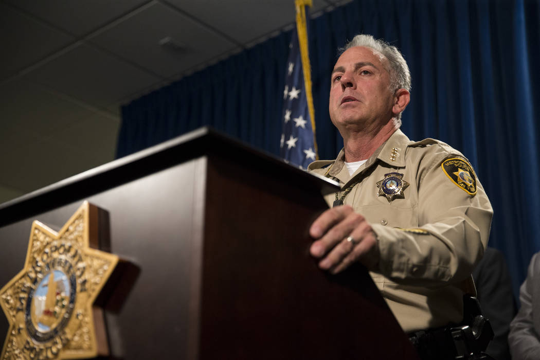 Clark County Sheriff Joe Lombardo discusses the mass shooting during a press conference at the Las Vegas Metropolitan Police Department headquarters in Las Vegas, Monday, Oct. 2, 2017. Erik Verduz ...