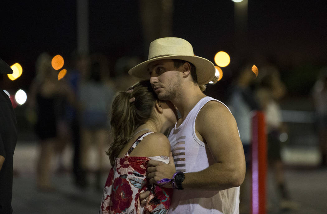 Festival-goers attending the Route 91 Harvest Festival were evacuated to the Thomas and Mack Arena early Monday morning, Oct. 2, 2017, following a shooting situation on the Las Vegas Strip. Richar ...