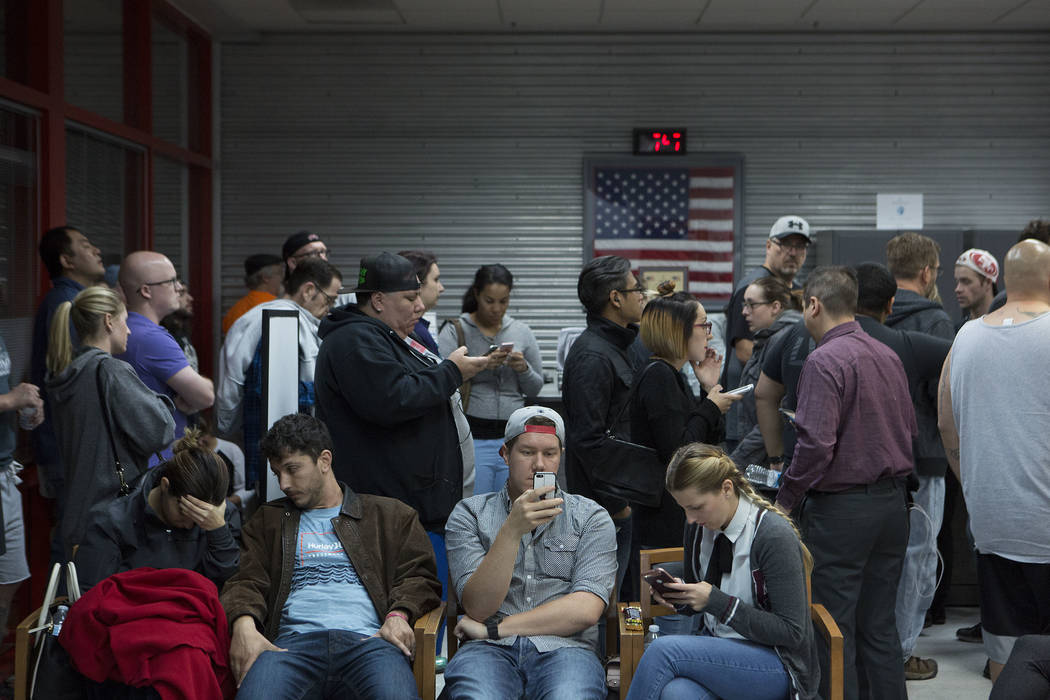 People fill United Blood Services in Las Vegas Monday, Oct. 2, 2017, as they wait to donate blood following a shooting on the Strip that left 59 dead and over 500 injured Sunday night. Bridget Ben ...