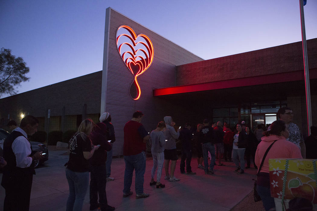 People line up to donate blood at United Blood Services in Las Vegas Monday, Oct. 2, 2017, following a shooting on the Strip that left 59 dead and over 500 injured Sunday night. Bridget Bennett La ...